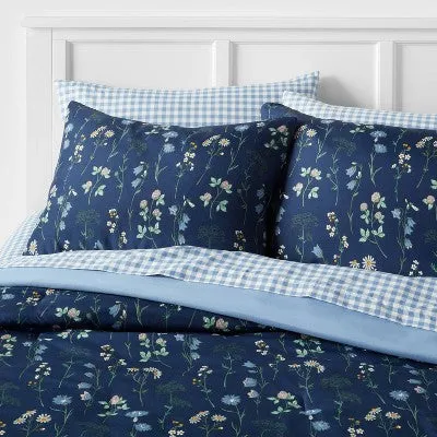 New - 7pc King Floral Printed Microfiber Reversible Comforter & Sheets Set Navy - Room Essentials