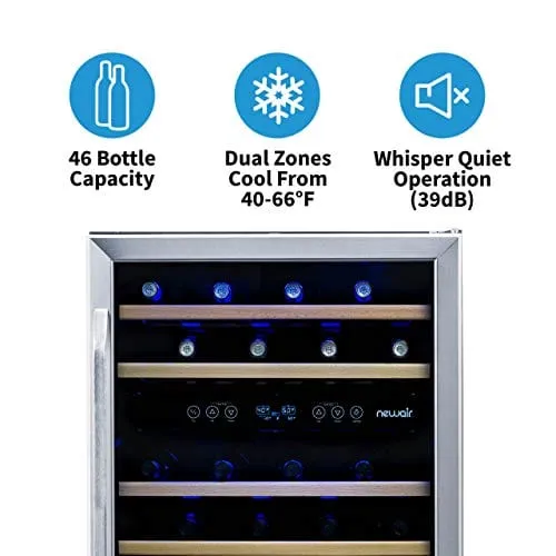 NewAir 24" Built-in 46 Bottle Dual Zone Wine Fridge, Stainless Steel