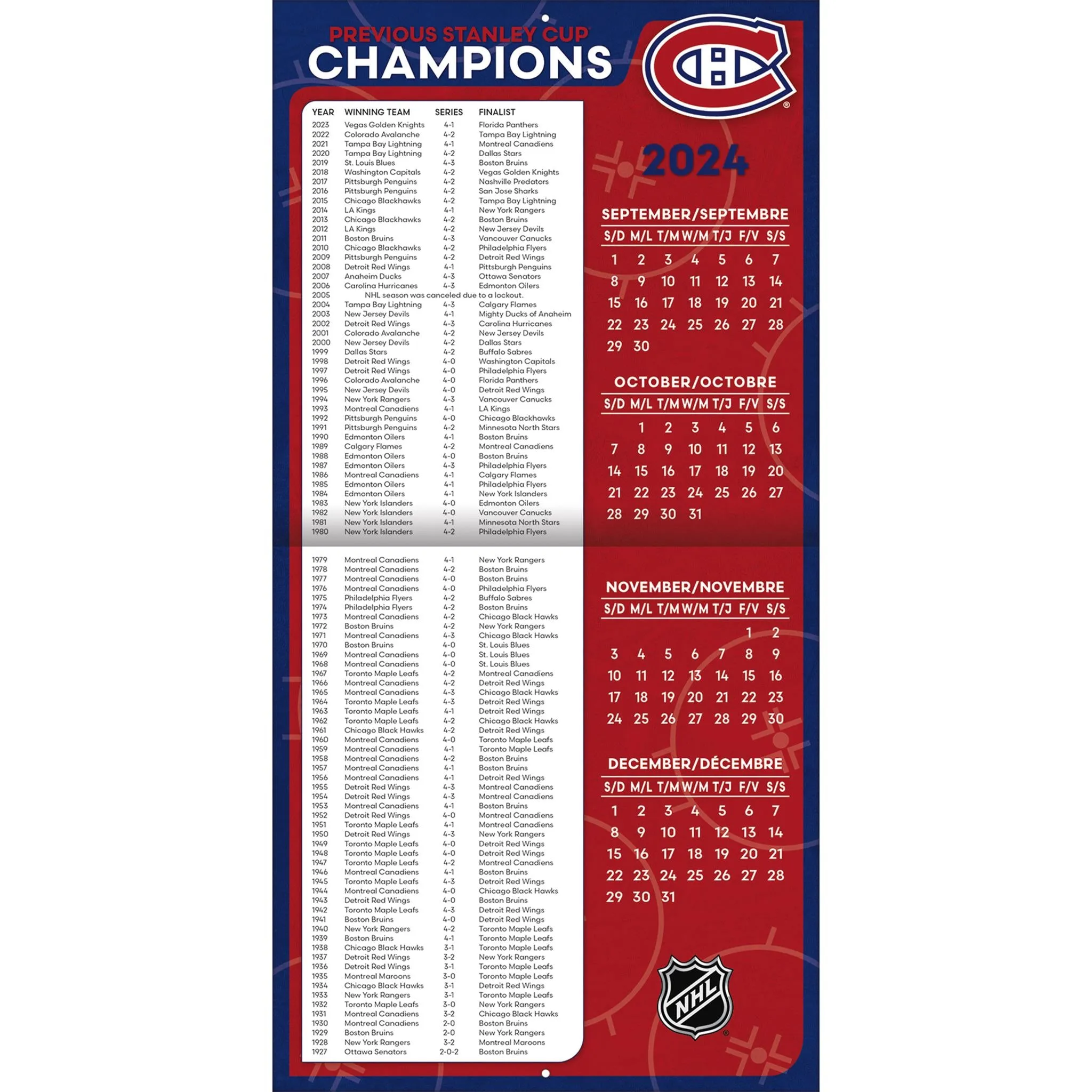 NHL Montreal Canadiens Bilingual Wall 2025 Calendar