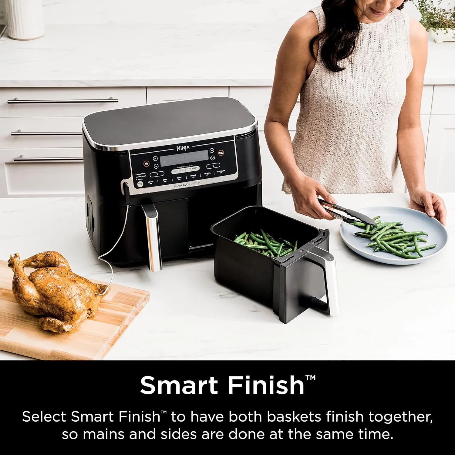 Ninja DZ550 Foodi 10 Quart 6-in-1 DualZone Smart XL Air Fryer with 2 Independent Baskets, Smart Cook Thermometer for Perfect Doneness, Match Cook & Smart Finish to Roast, Dehydrate & More