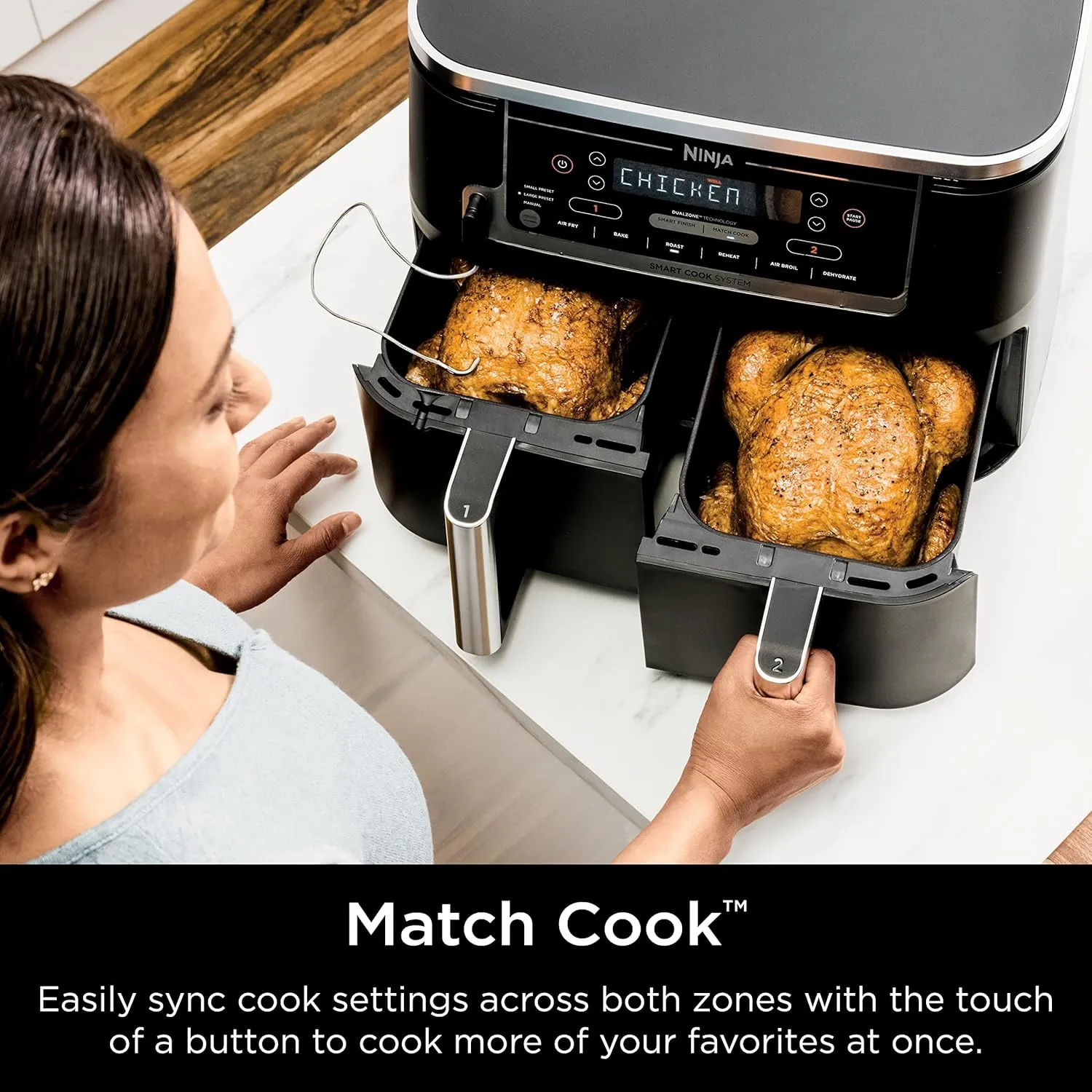 Ninja DZ550 Foodi 10 Quart 6-in-1 DualZone Smart XL Air Fryer with 2 Independent Baskets, Smart Cook Thermometer for Perfect Doneness, Match Cook & Smart Finish to Roast, Dehydrate & More