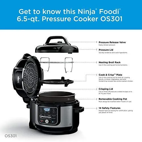 Ninja OS301 Foodi 10-in-1 Pressure Cooker and Air Fryer with Nesting Broil Rack, 6.5 Quart, Stainless Steel