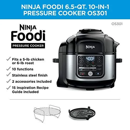 Ninja OS301 Foodi 10-in-1 Pressure Cooker and Air Fryer with Nesting Broil Rack, 6.5 Quart, Stainless Steel