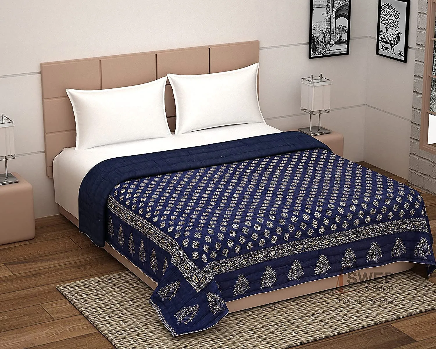 PINAARAS INTERIORS Jaipuri Razai Double Bed Computerized Quilting Soft and Breathable Cotton Comforter Quilt Rajai Blanket Dohar (55X85 Inches) (Navy Blue Leaves)