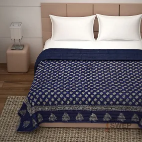 PINAARAS INTERIORS Jaipuri Razai Double Bed Computerized Quilting Soft and Breathable Cotton Comforter Quilt Rajai Blanket Dohar (55X85 Inches) (Navy Blue Leaves)