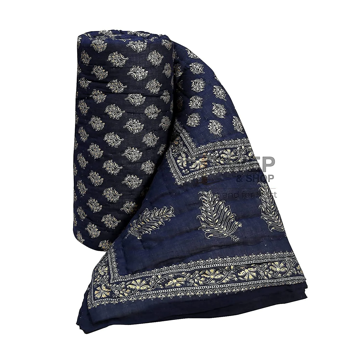 PINAARAS INTERIORS Jaipuri Razai Double Bed Computerized Quilting Soft and Breathable Cotton Comforter Quilt Rajai Blanket Dohar (55X85 Inches) (Navy Blue Leaves)