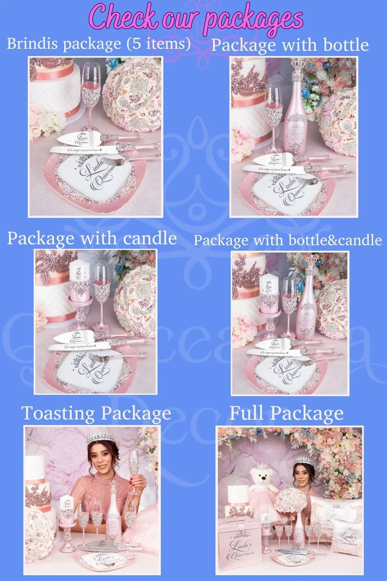 Pink and Gold quinceanera package of bottle, glass and candle