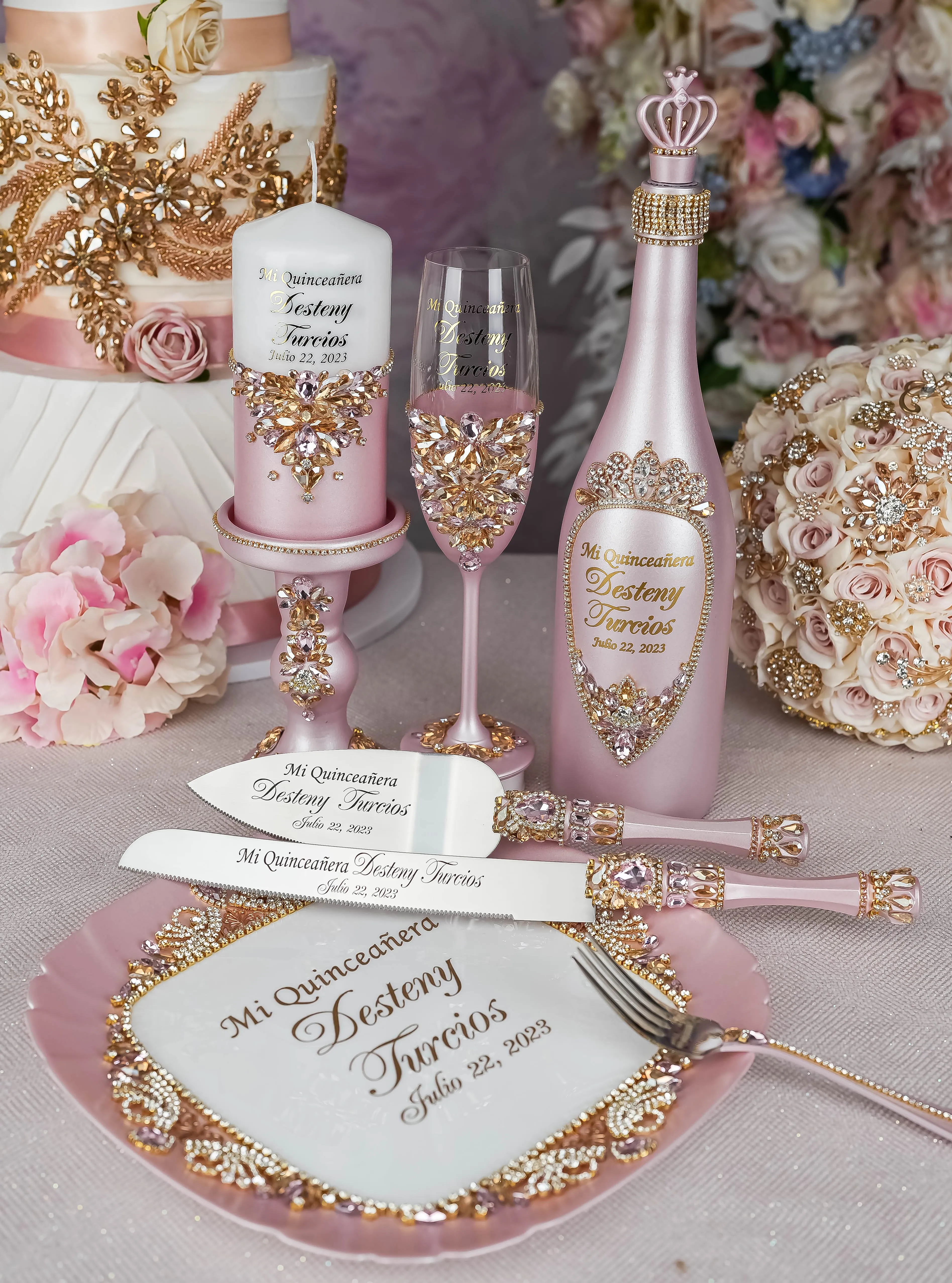 Pink and Gold quinceanera package of bottle, glass and candle