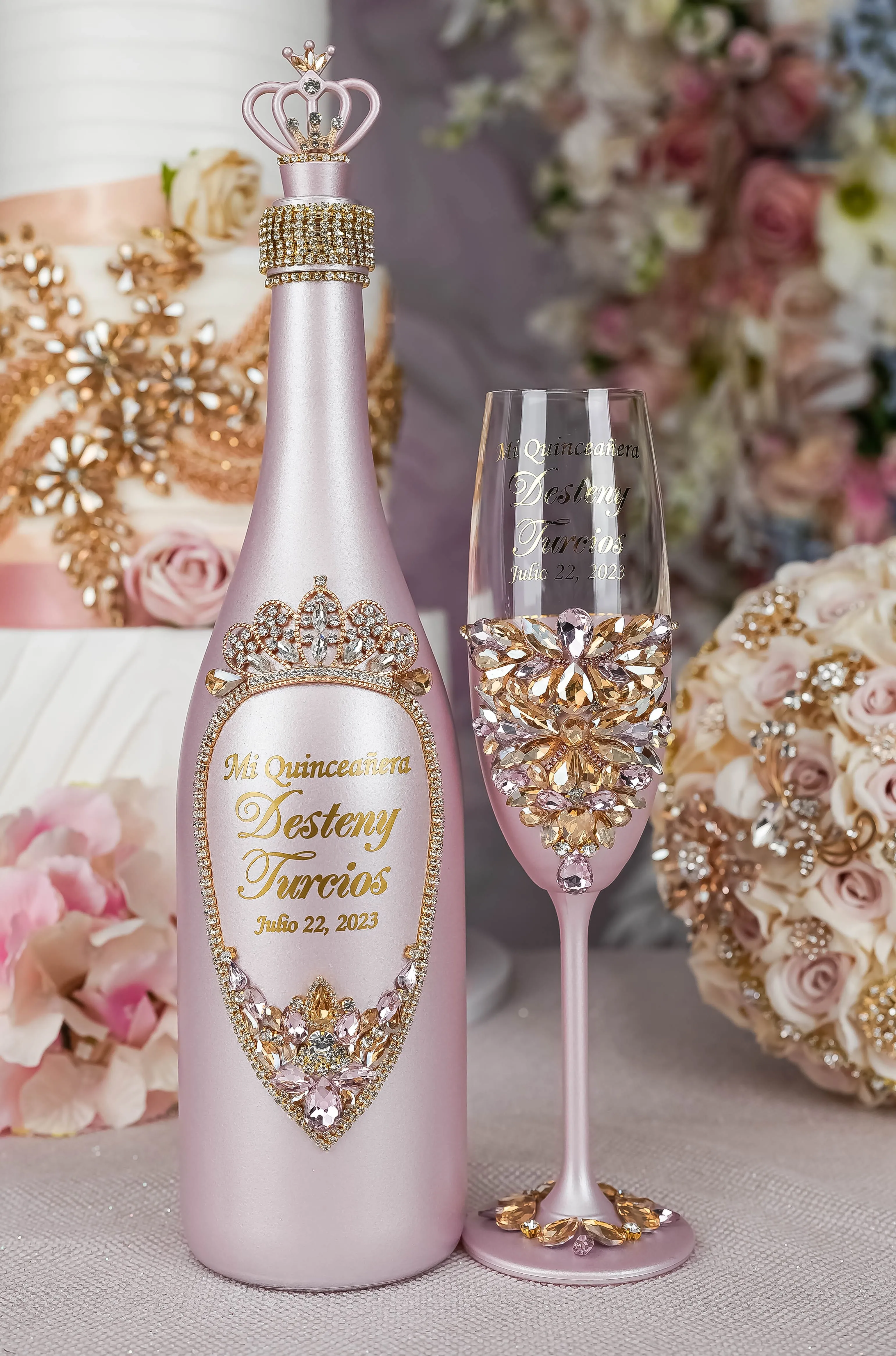 Pink and Gold quinceanera package of bottle, glass and candle