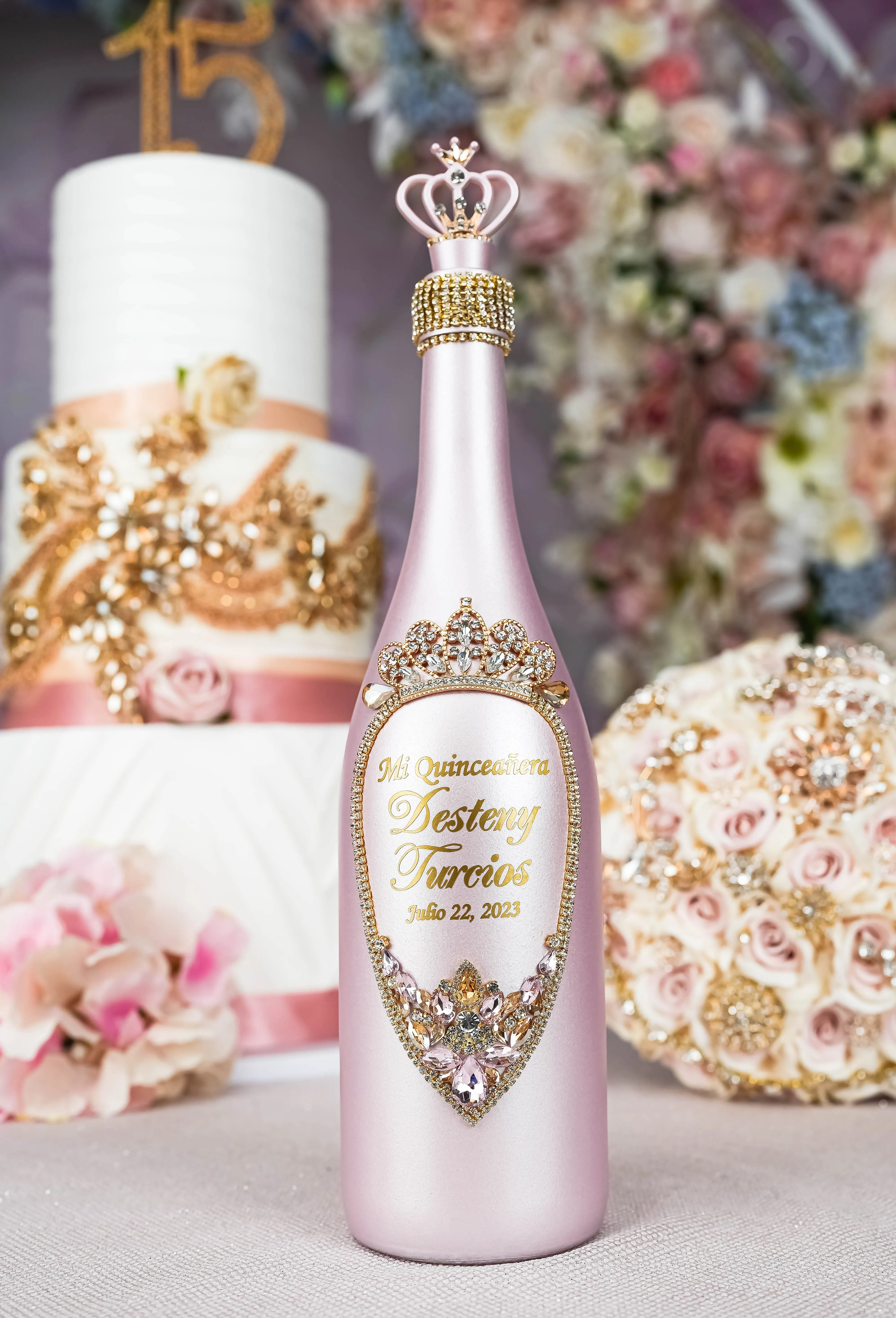 Pink and Gold quinceanera package of bottle, glass and candle