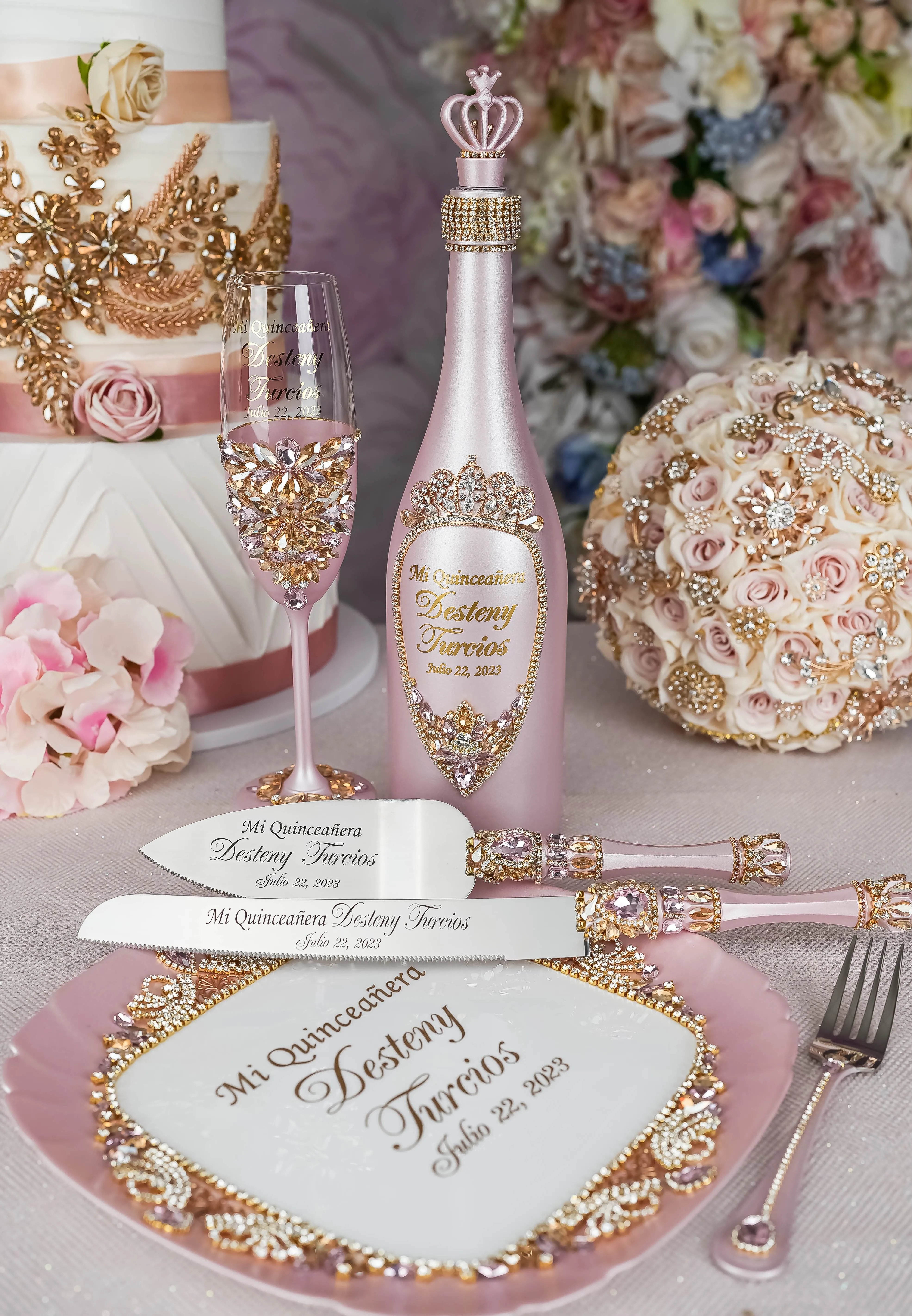 Pink and Gold quinceanera package of bottle, glass and candle