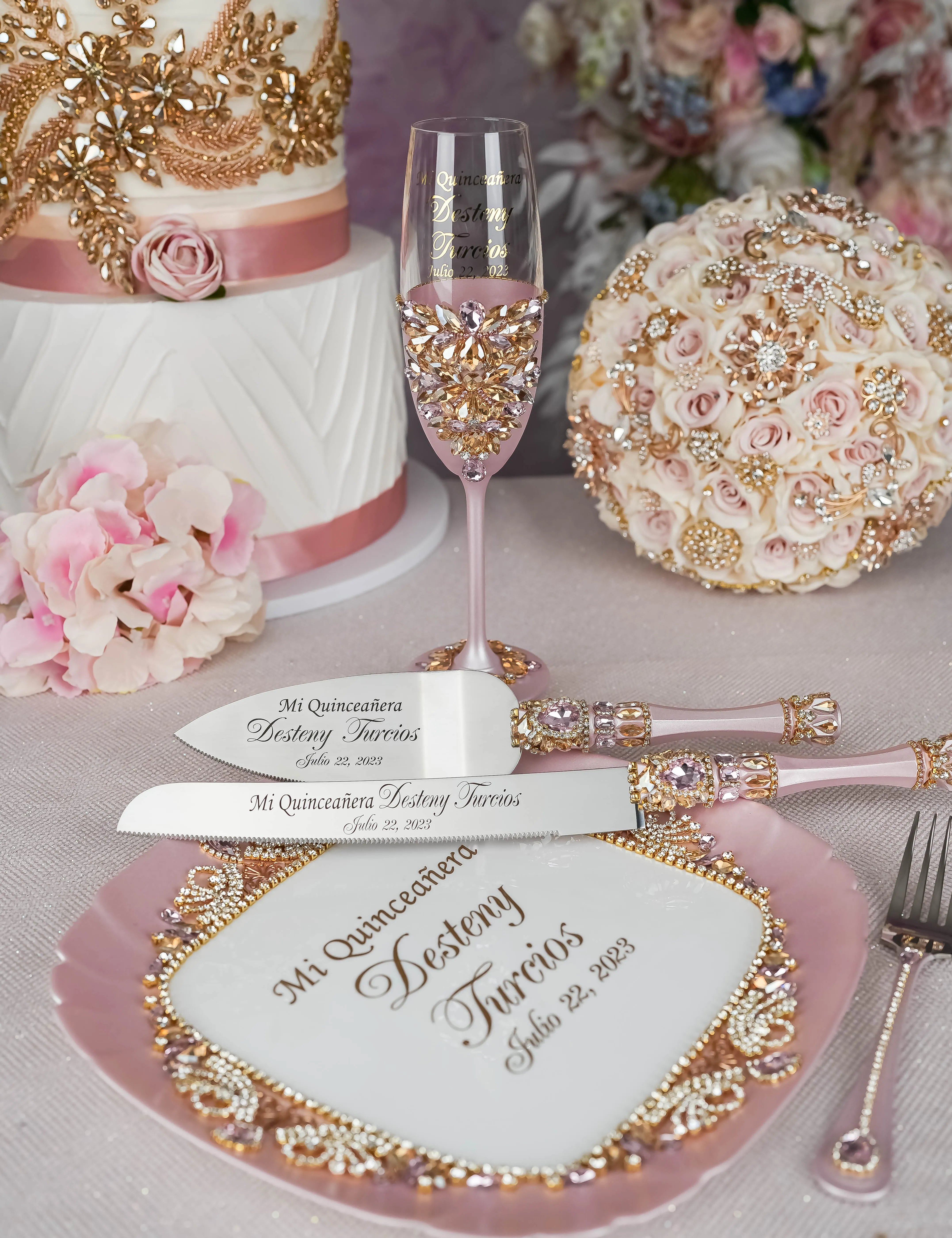 Pink and Gold quinceanera package of bottle, glass and candle