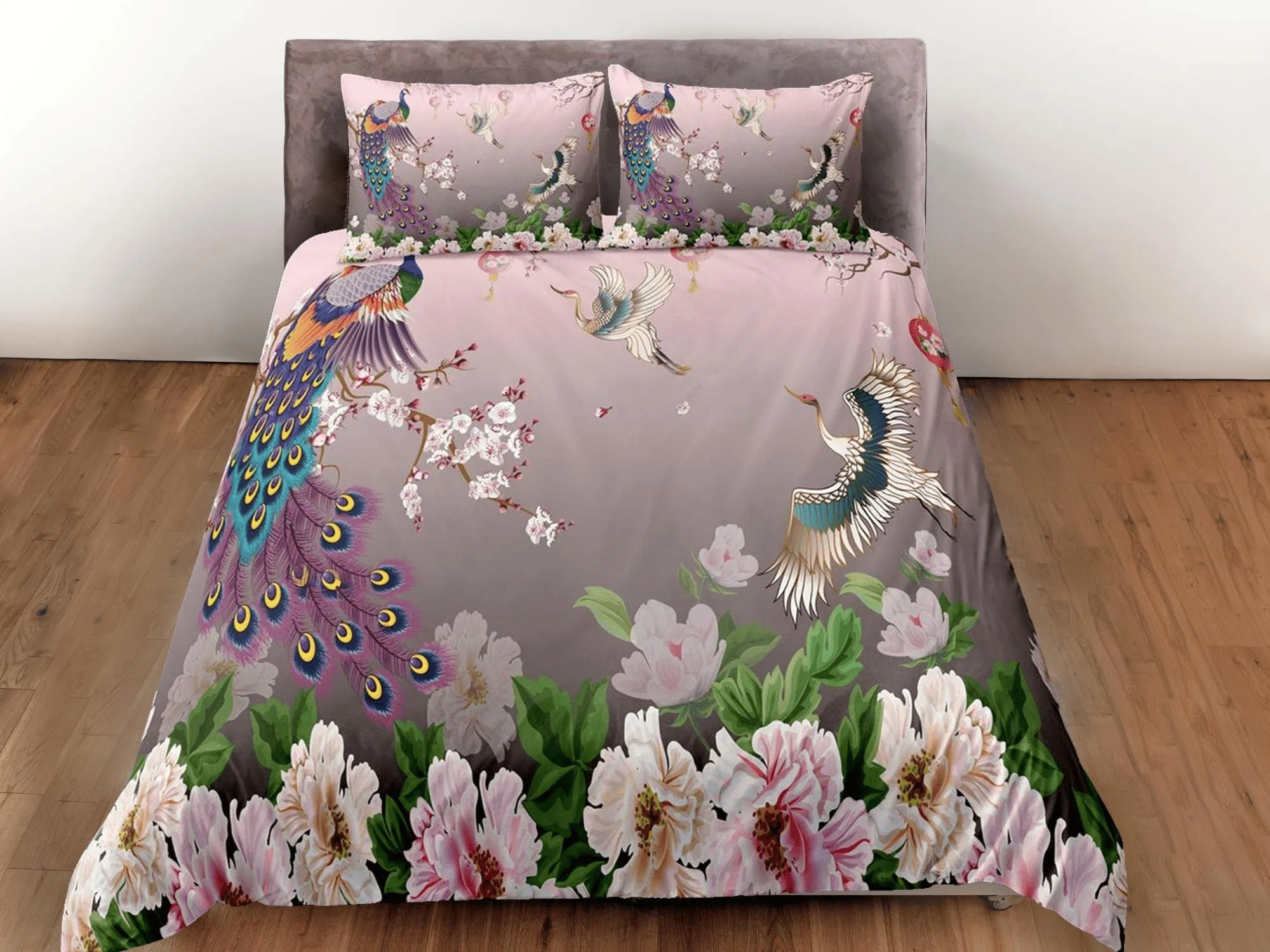 Pink peacock aesthetic bedding set full, crane bird, floral prints, luxury duvet cover queen, king, boho duvet, designer bedding, maximalist