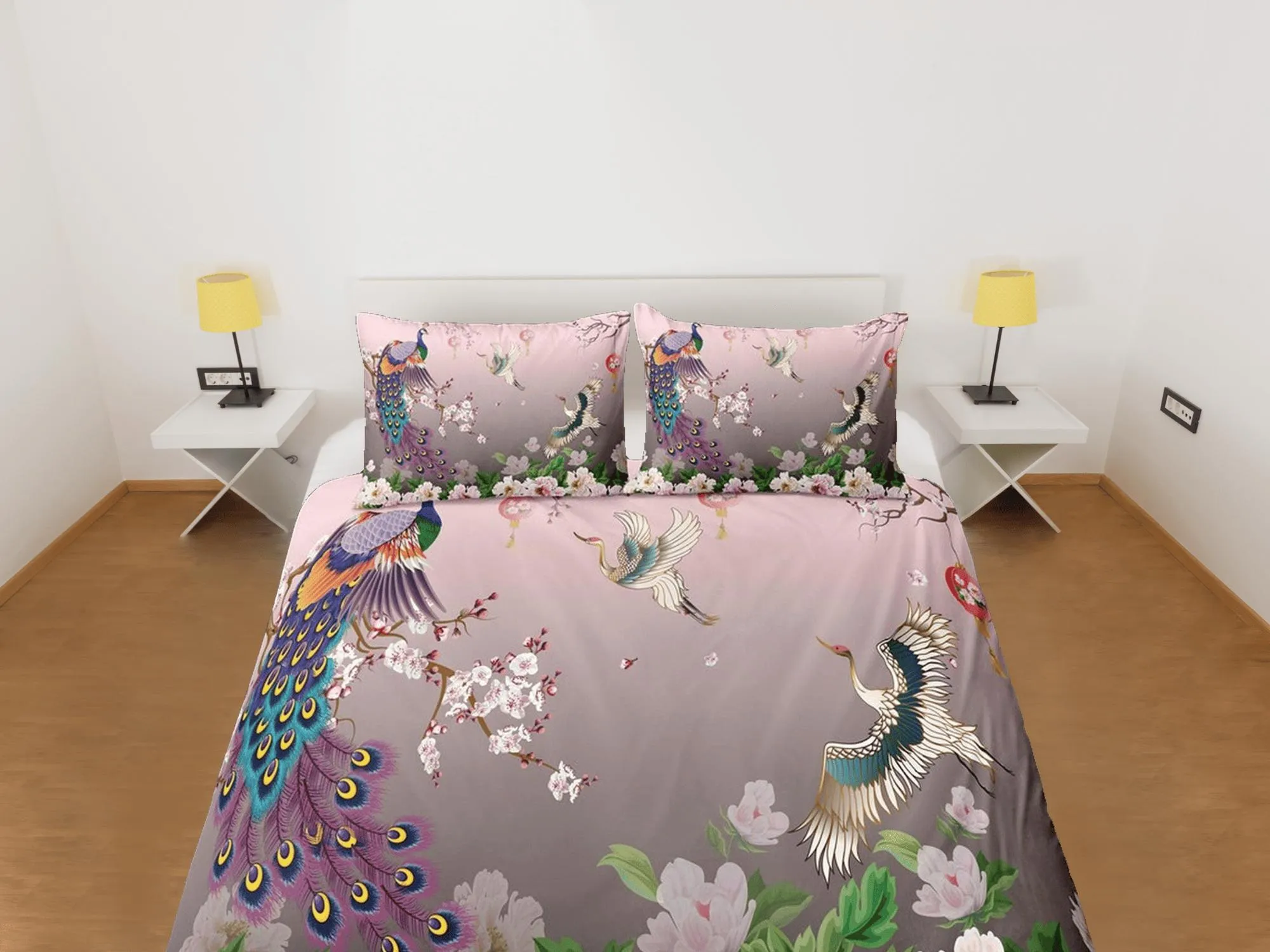 Pink peacock aesthetic bedding set full, crane bird, floral prints, luxury duvet cover queen, king, boho duvet, designer bedding, maximalist