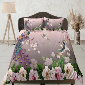 Pink peacock aesthetic bedding set full, crane bird, floral prints, luxury duvet cover queen, king, boho duvet, designer bedding, maximalist