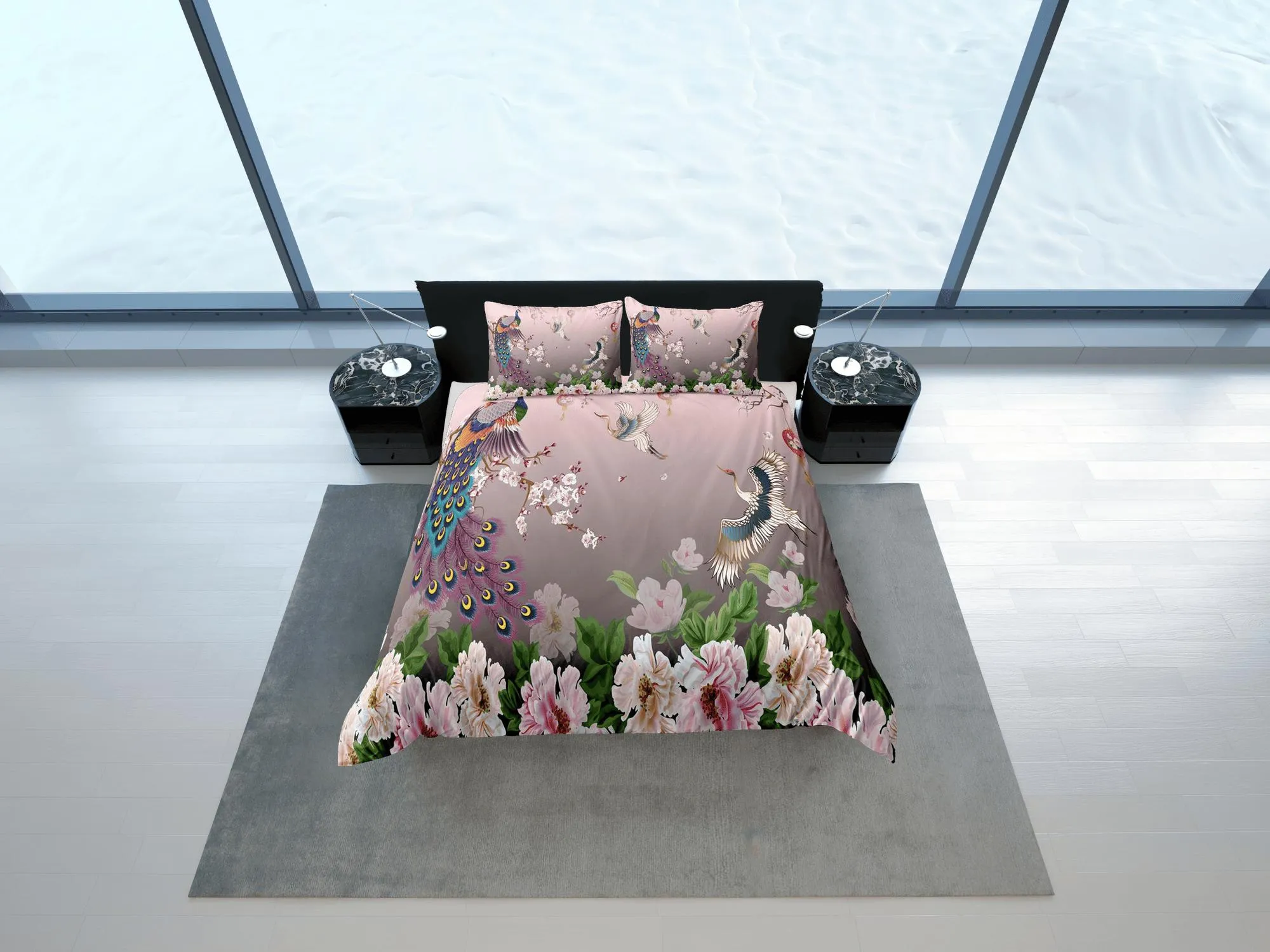 Pink peacock aesthetic bedding set full, crane bird, floral prints, luxury duvet cover queen, king, boho duvet, designer bedding, maximalist