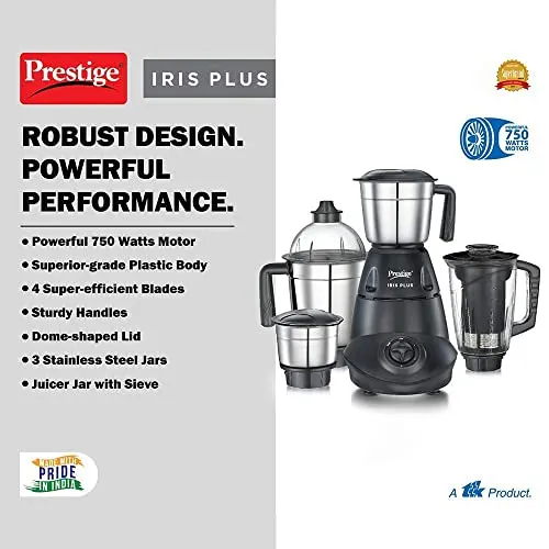 Prestige IRIS Plus 750 W Mixer grinder with 4 Jars (3 stainless steel Jars  1 Juicer Jar)| 4 Super efficient stainless blades | 2 years warranty| Black