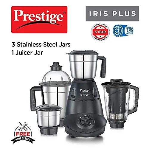 Prestige IRIS Plus 750 W Mixer grinder with 4 Jars (3 stainless steel Jars  1 Juicer Jar)| 4 Super efficient stainless blades | 2 years warranty| Black