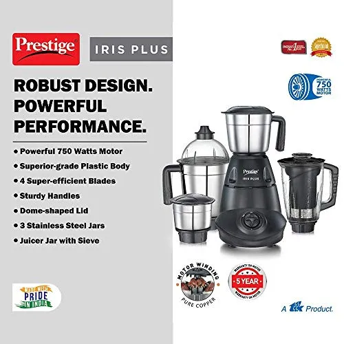 Prestige IRIS Plus 750 W Mixer grinder with 4 Jars (3 stainless steel Jars  1 Juicer Jar)| 4 Super efficient stainless blades | 2 years warranty| Black