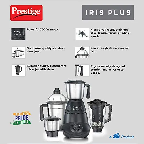 Prestige IRIS Plus 750 W Mixer grinder with 4 Jars (3 stainless steel Jars  1 Juicer Jar)| 4 Super efficient stainless blades | 2 years warranty| Black