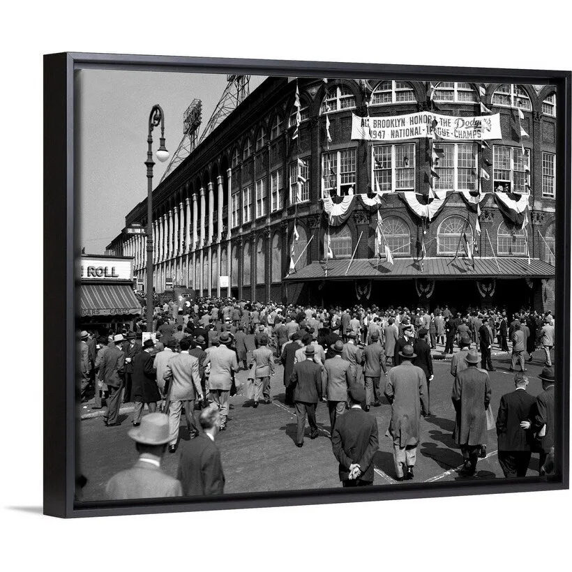 "1940's October 1947 Dodger Baseball Fans Pour Into Main Entrance Ebbets Field" Black Float Frame Canvas Art