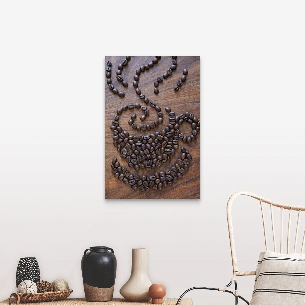 "A cup of coffee illustrated using coffee beans" Canvas Wall Art