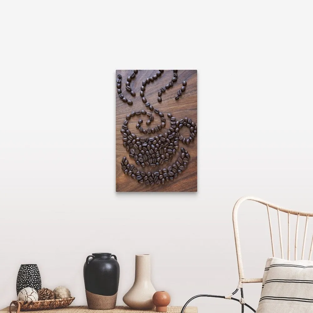 "A cup of coffee illustrated using coffee beans" Canvas Wall Art