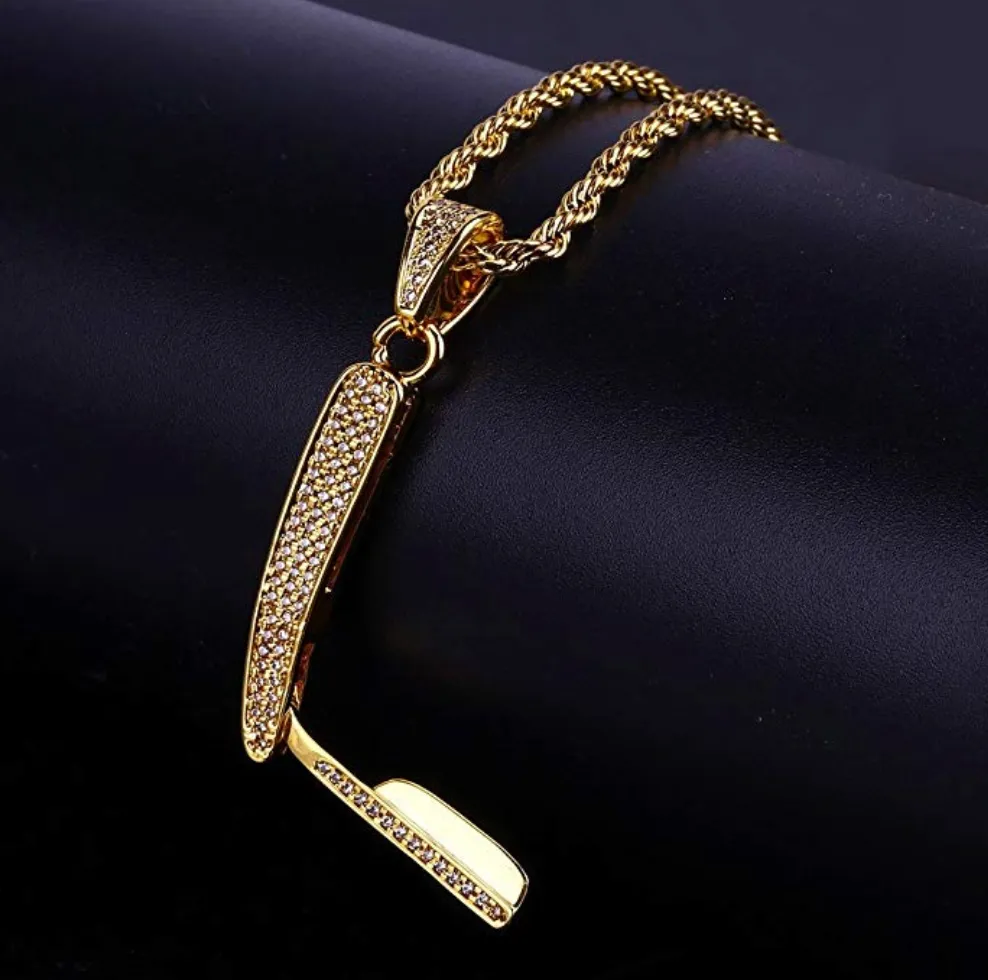 Razor Necklace Barber Jewelry Barbershop Chain Razor Blade Chain Barber Clippers Necklace Gold Tone Simulated-Diamond 24in