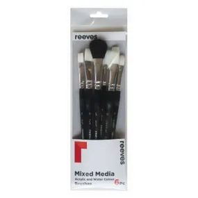 Reeves Mixed Media Brushes Short Handle Set of 6 - No. 6 & 10 Flat; No. 10 Fan; No. 6 Filbert; No. 3/4 MOP; No. 10 Long Flat