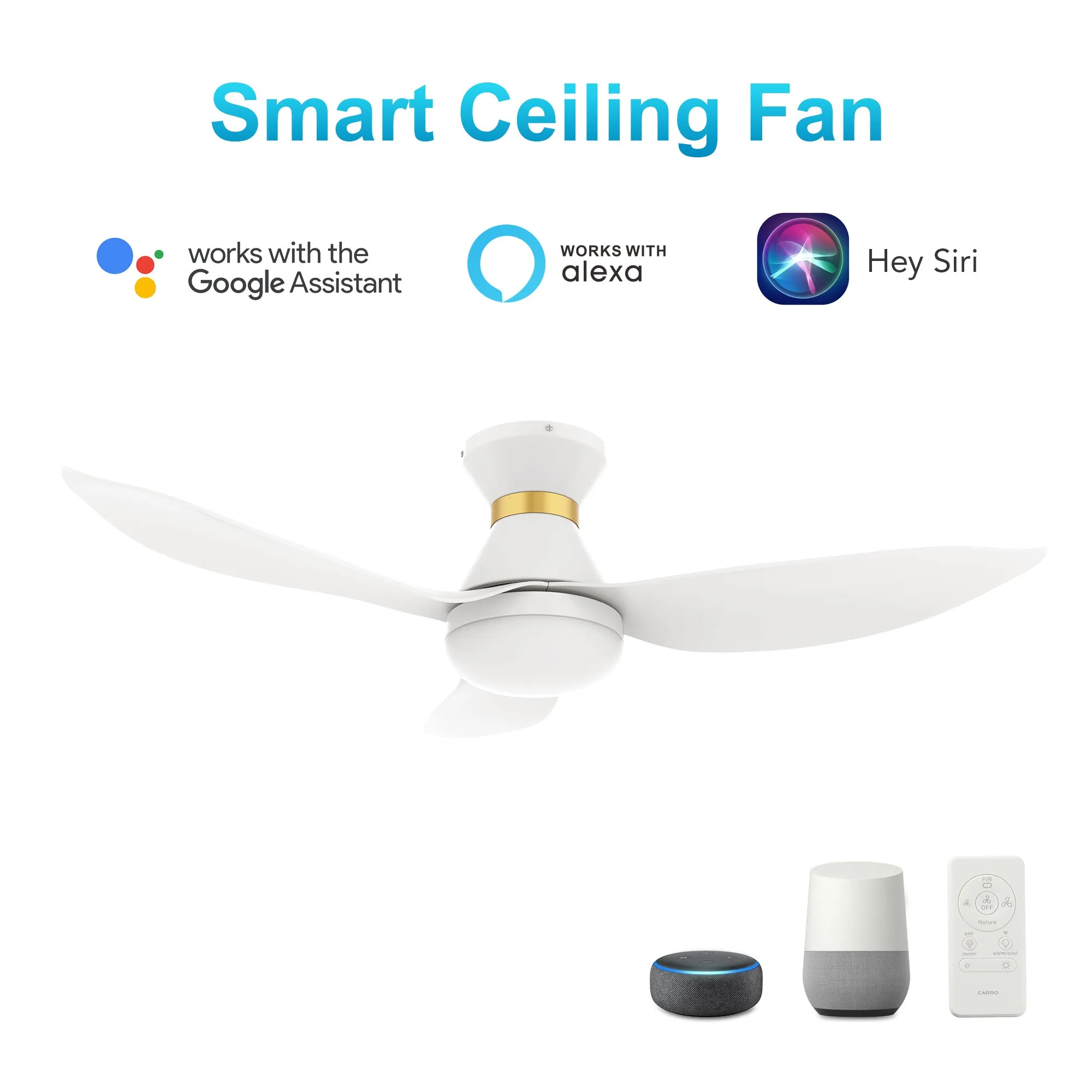 RYATT 45 inch 3-Blade Flush Mount Smart Ceiling Fan with LED Light Kit & Remote- White/White (Gold Detail)