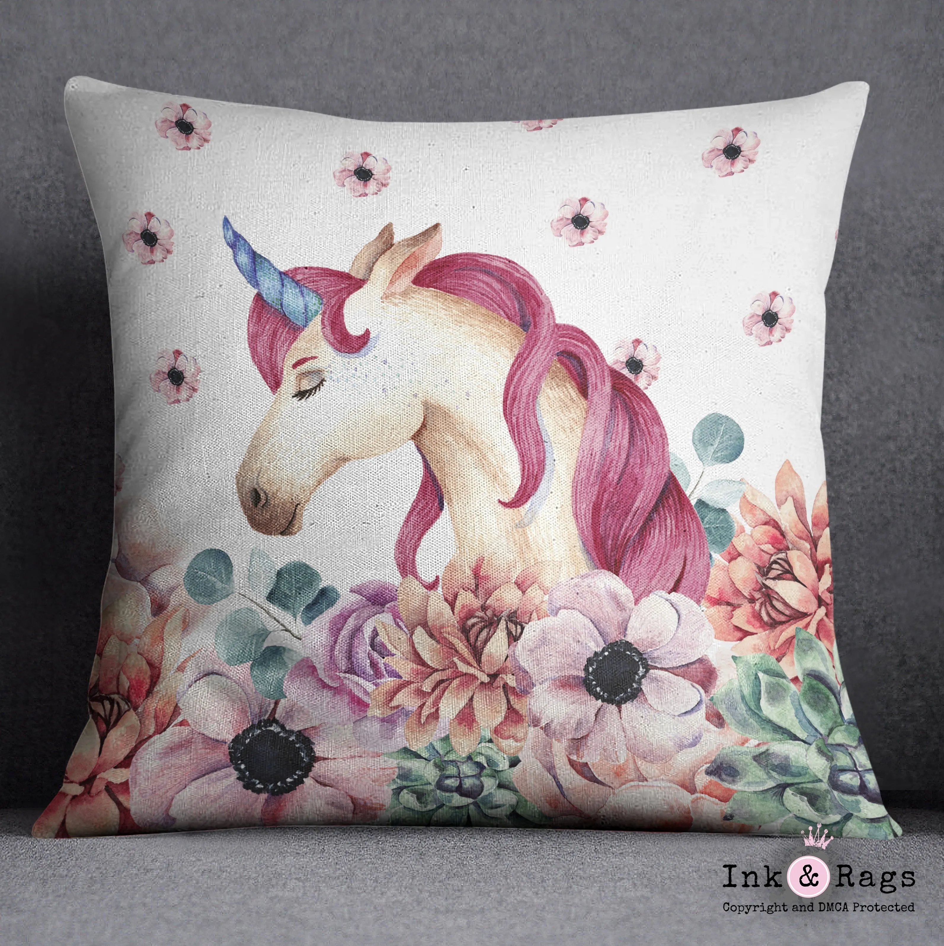 Sleepy Unicorn and Flower Throw Pillow