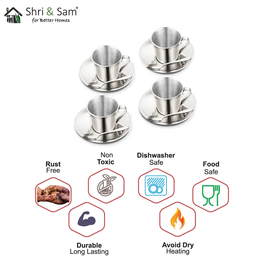 Stainless Steel 4 PCS Double Wall Cup and Saucer Rise