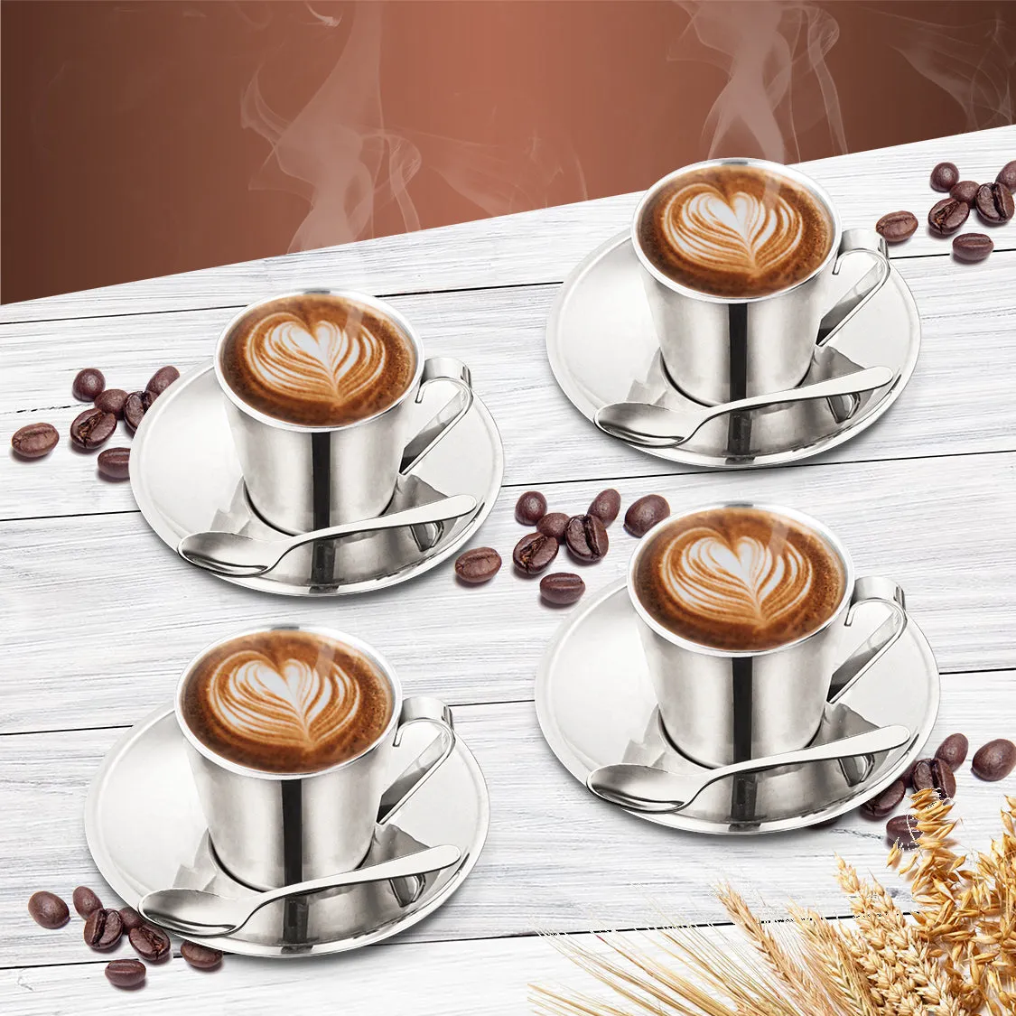 Stainless Steel 4 PCS Double Wall Cup and Saucer Rise