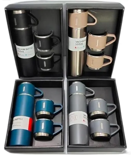 Stainless Steel Vacuum Flask 500ml with Three Cups, Insulated Double Wall (Hot & Cold) Multicolour