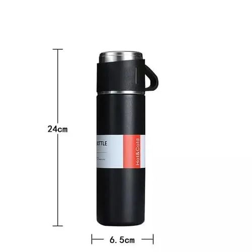 Stainless Steel Vacuum Flask 500ml with Three Cups, Insulated Double Wall (Hot & Cold) Multicolour