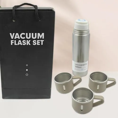 Stainless Steel Vacuum Flask 500ml with Three Cups, Insulated Double Wall (Hot & Cold) Multicolour