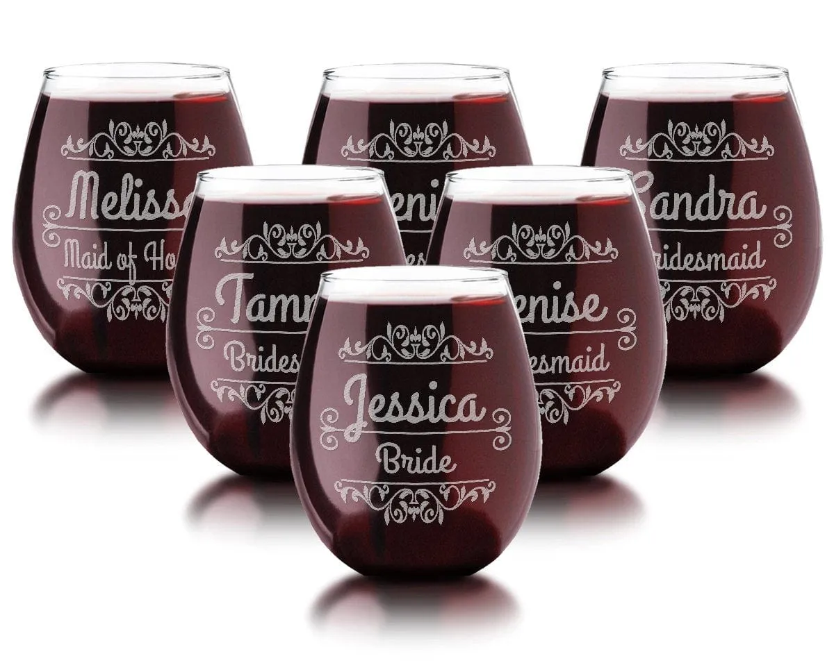 Stemless SINGLE Personalized Engraved Wine Glass Rustic Wedding Party Decor Favor Bridal Shower Bridesmaid Wedding Parent Gift Newly Married