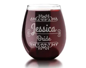 Stemless SINGLE Personalized Engraved Wine Glass Rustic Wedding Party Decor Favor Bridal Shower Bridesmaid Wedding Parent Gift Newly Married