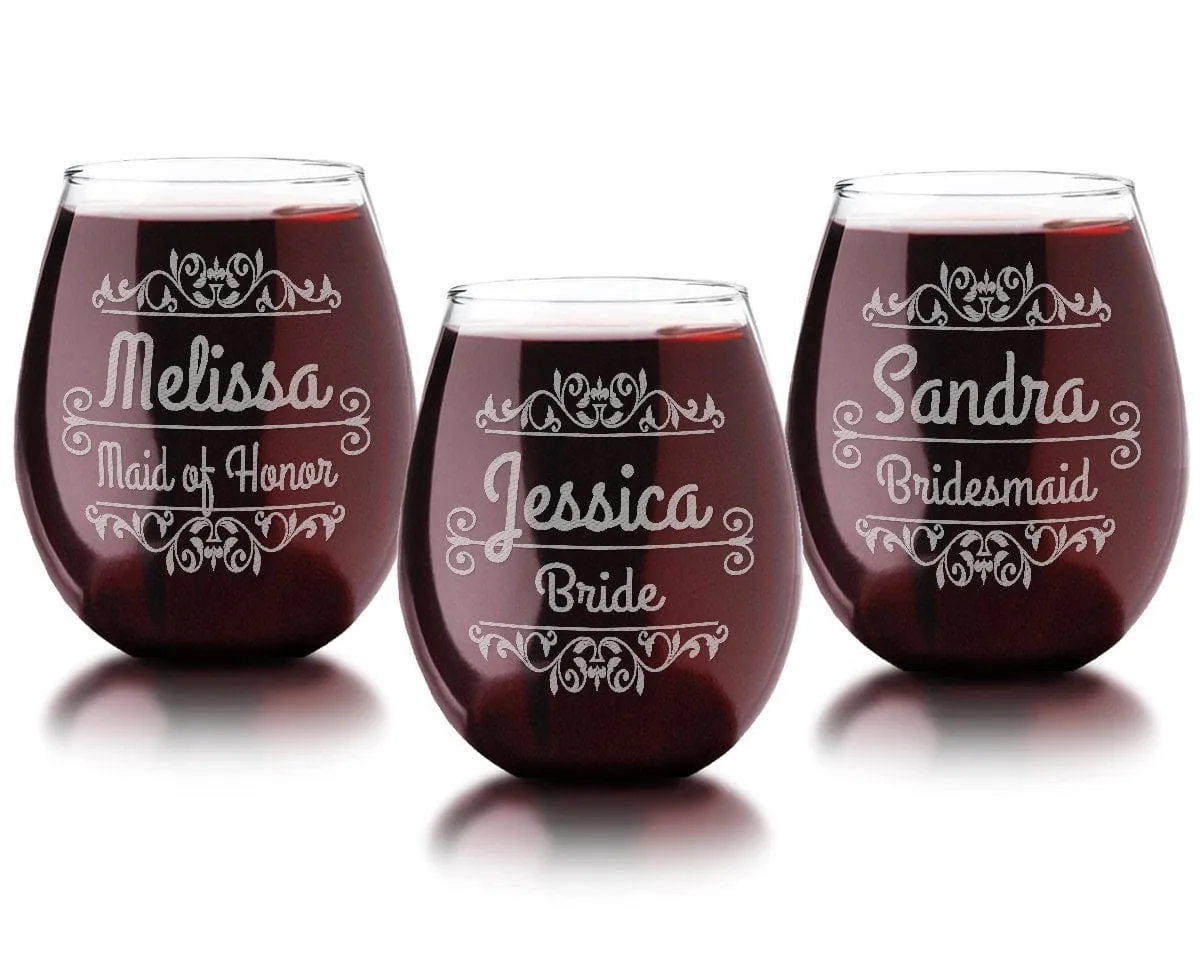 Stemless SINGLE Personalized Engraved Wine Glass Rustic Wedding Party Decor Favor Bridal Shower Bridesmaid Wedding Parent Gift Newly Married