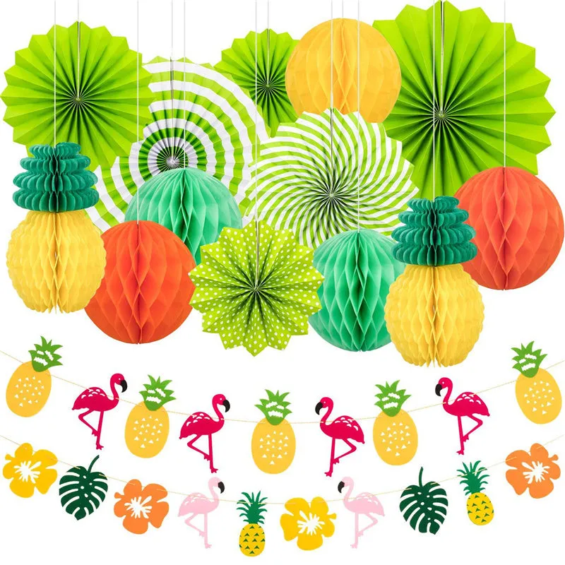 Summer Party Hanging Paper Fans Flower Garland Banner Photo Backdrop Decoration Set