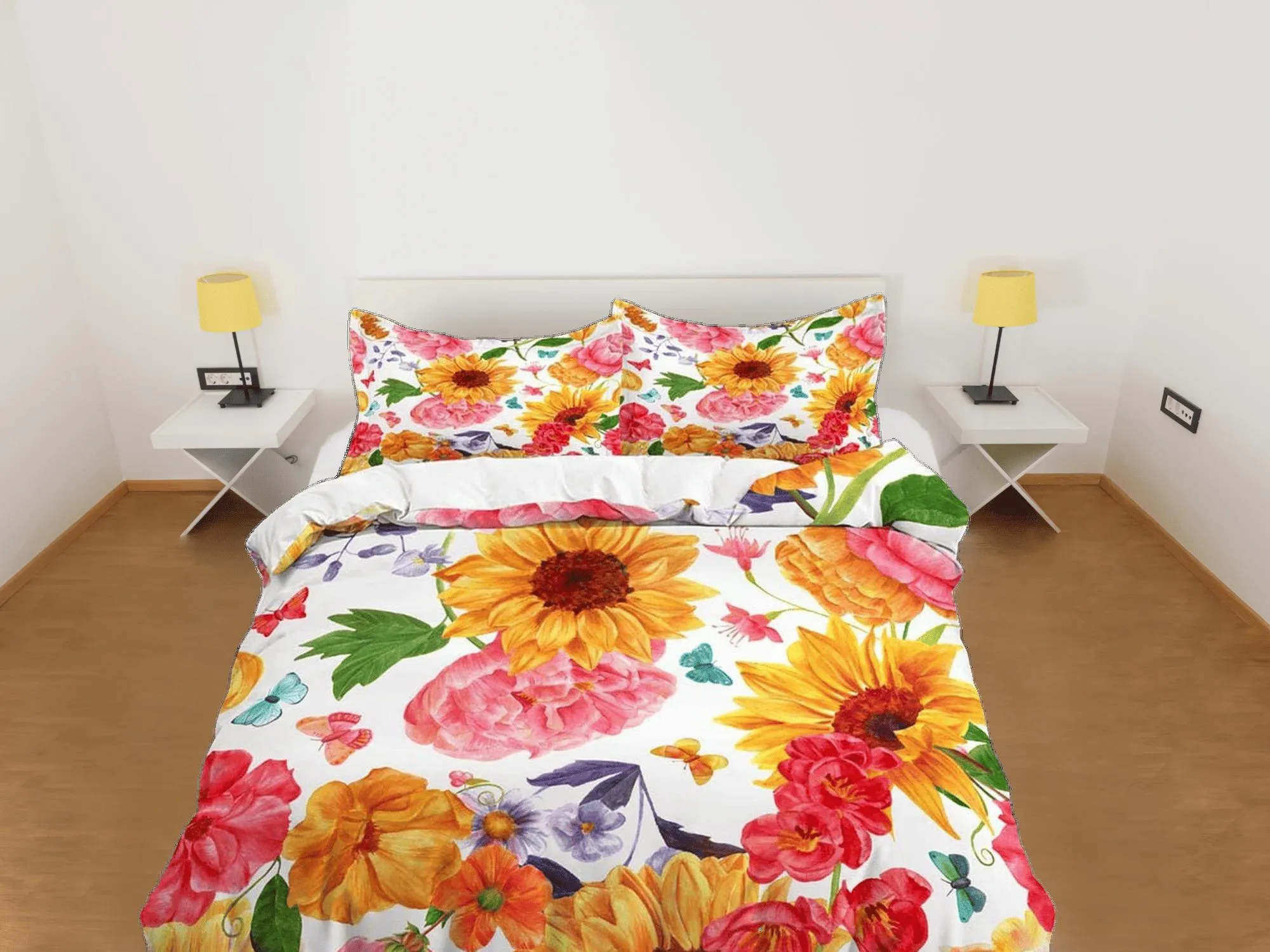 Summer sunflower floral duvet cover colorful bedding, teen girl bedroom, baby girl crib bedding boho maximalist bedspread aesthetic bedding