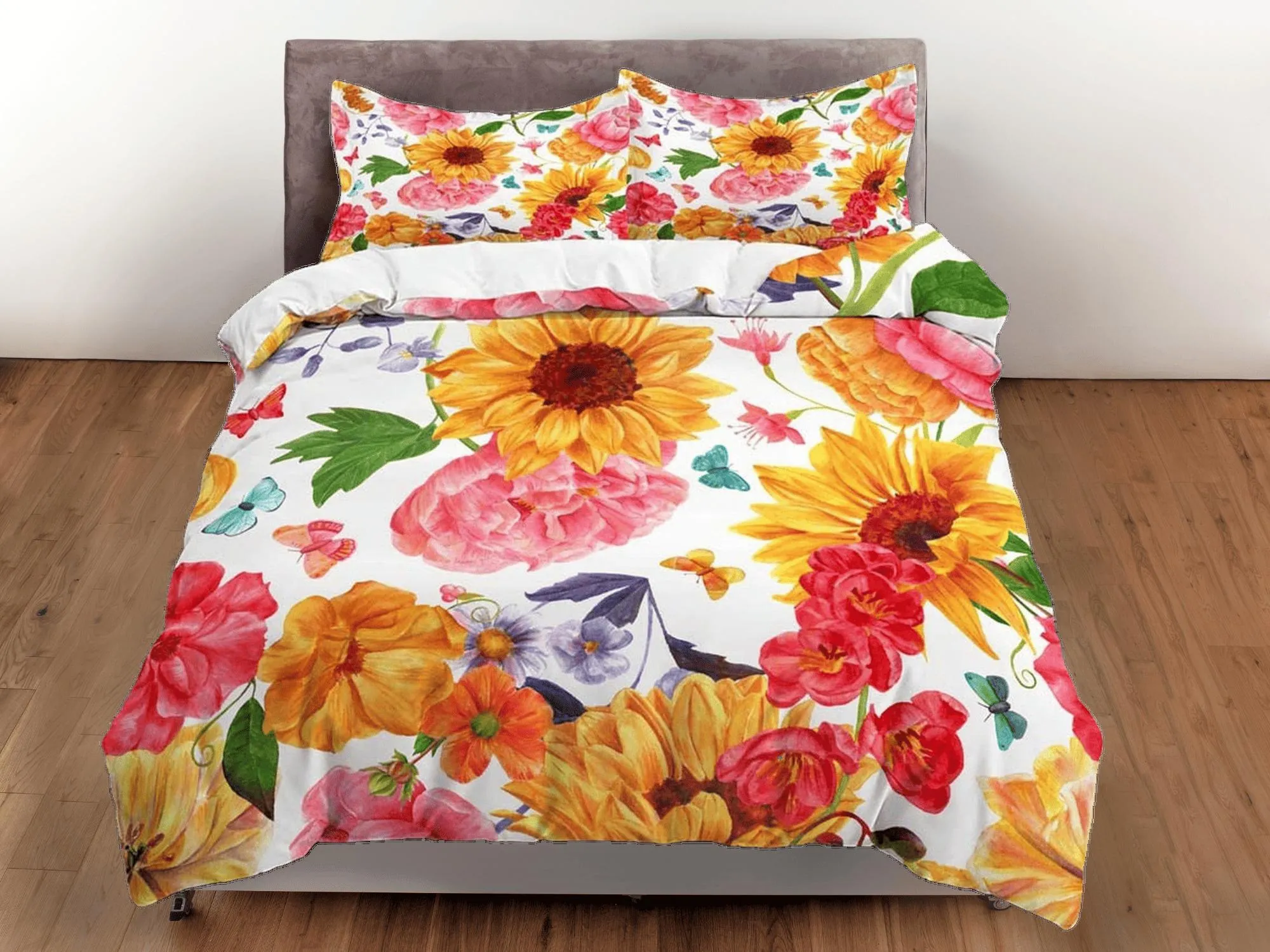 Summer sunflower floral duvet cover colorful bedding, teen girl bedroom, baby girl crib bedding boho maximalist bedspread aesthetic bedding