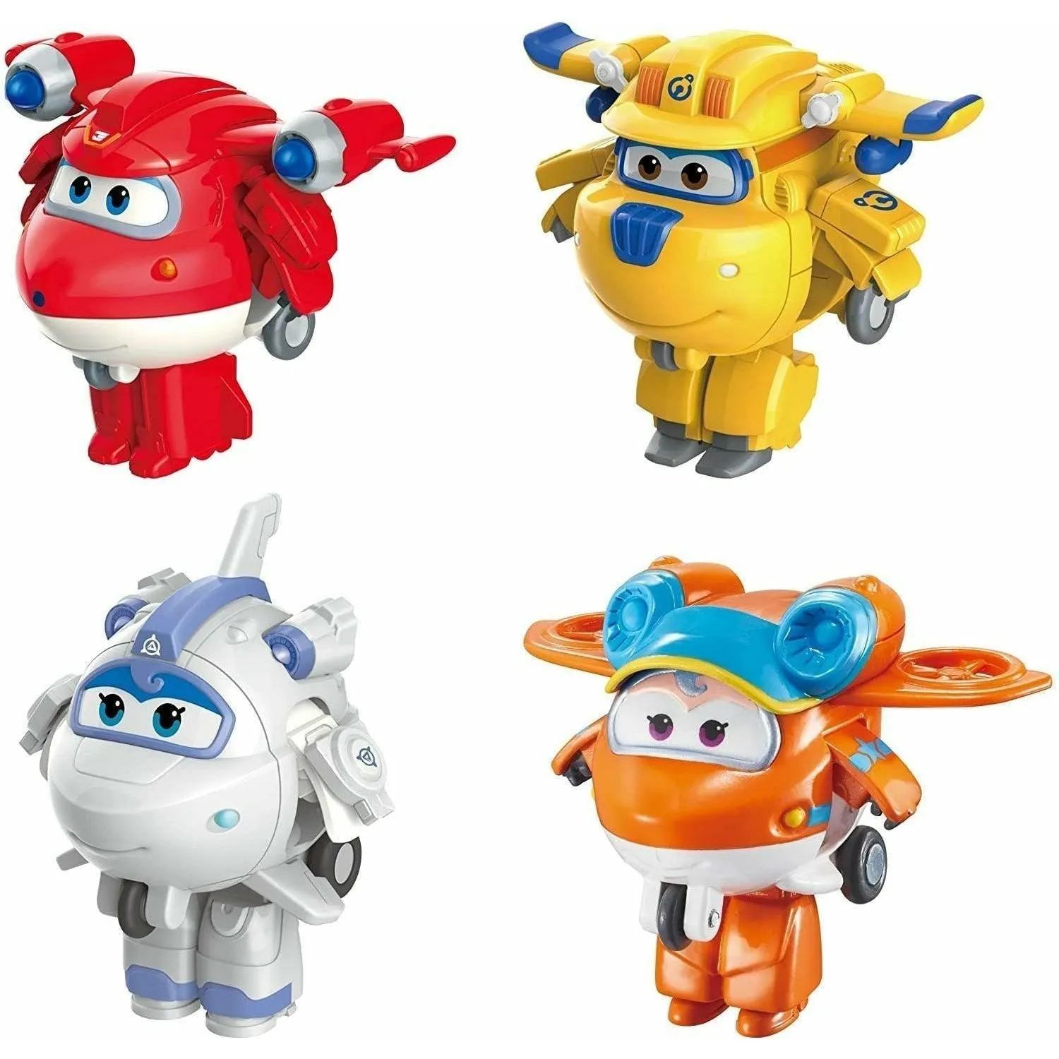 Super Wings - 2" Transform-a-Bot 4-Pack | Supercharged Jett, Donnie, Astra, Sunny Airplane Toys Vehicle Mini Figures