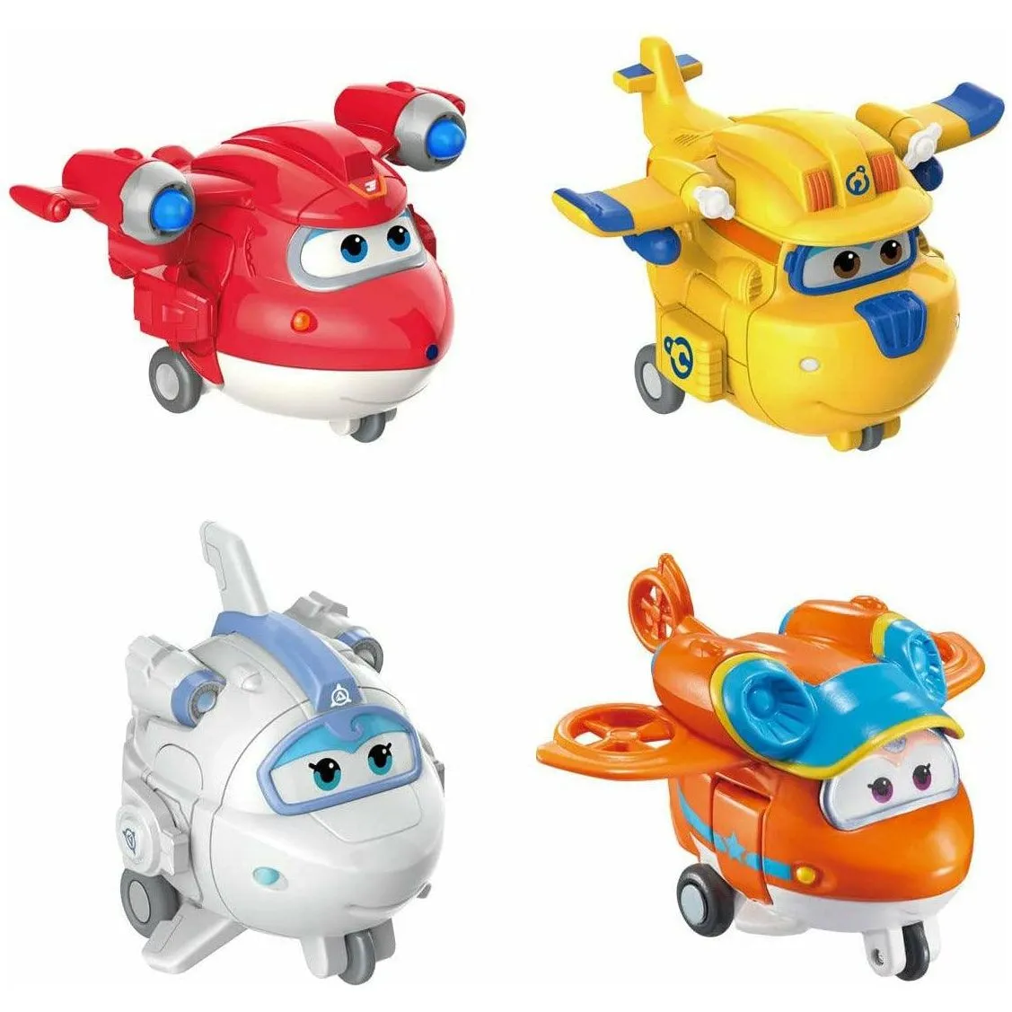 Super Wings - 2" Transform-a-Bot 4-Pack | Supercharged Jett, Donnie, Astra, Sunny Airplane Toys Vehicle Mini Figures