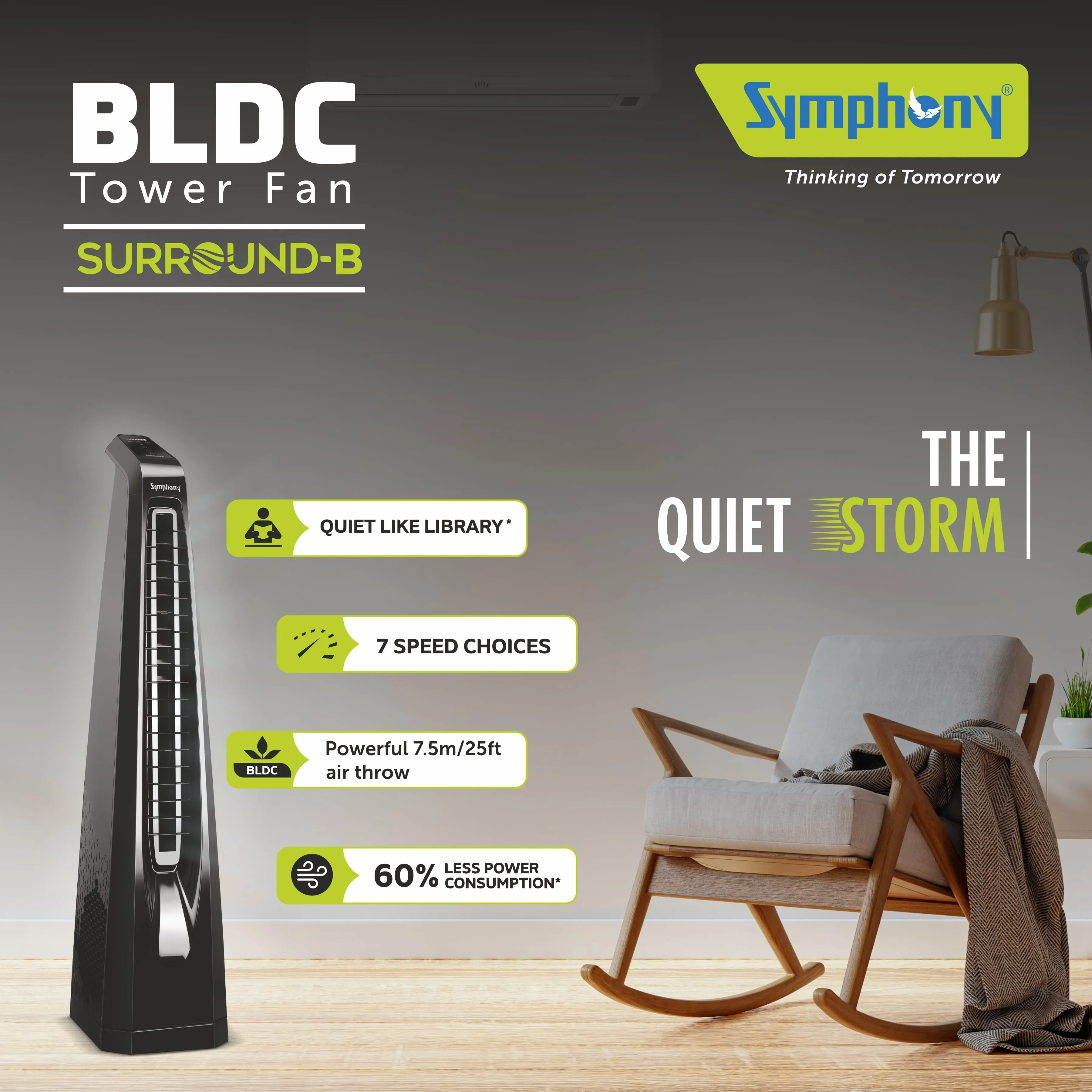 Surround - B Low Noise Bladeless Tower Fan powered by BLDC