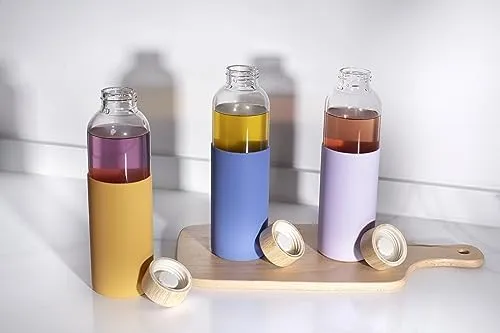 The Better Home Borosilicate Glass Water Bottle with Sleeve (500ml) | Bamboo Lid & Silicon Sleeve | Fridge Water Bottles for Home, Office & Gym | Water Bottles for Fridge (Purple, Pack of 1)