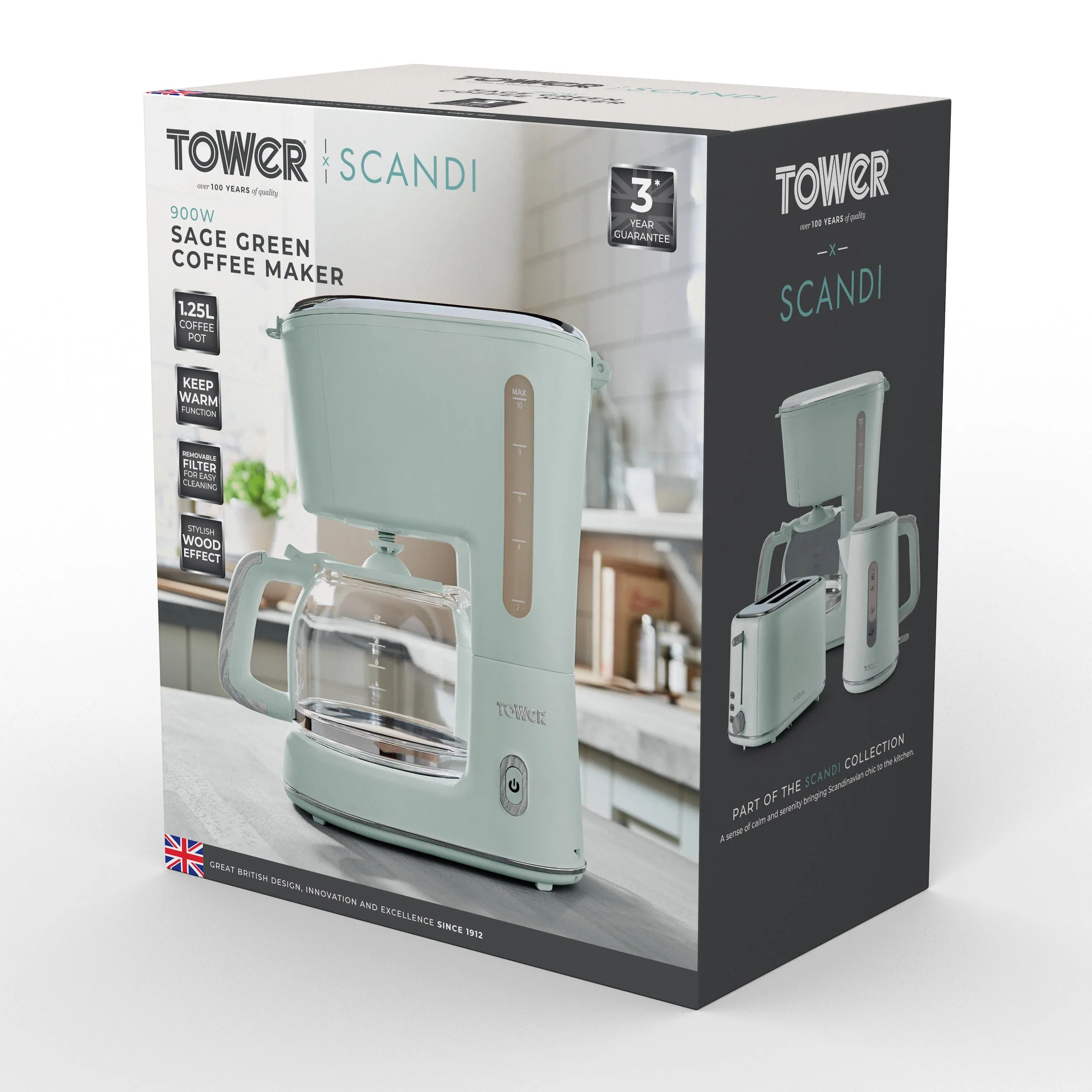 Tower Scandi 900W 1.25 Litre Coffee Maker - Green