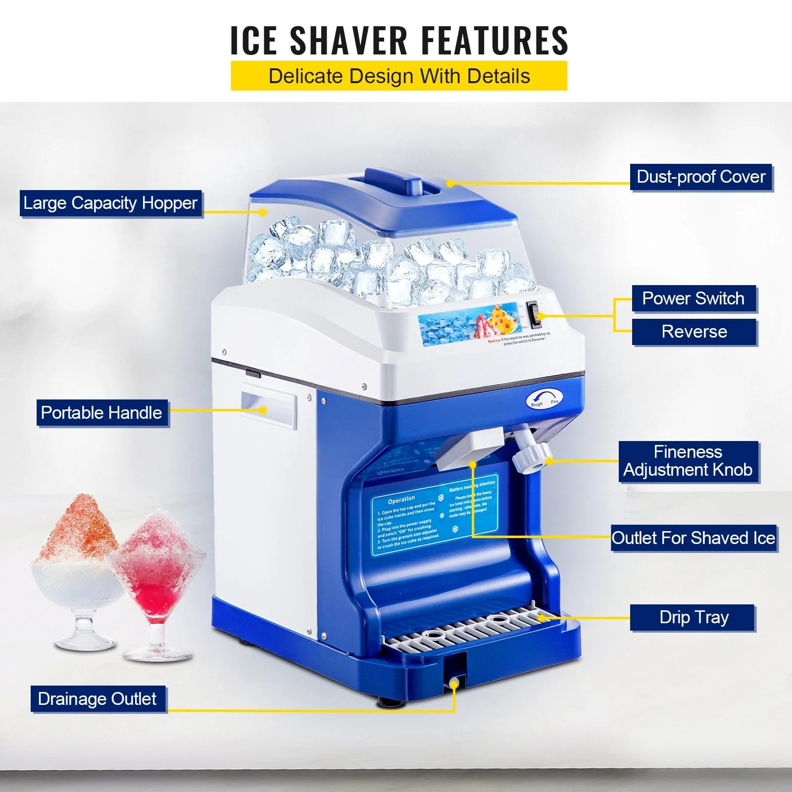 Vevor Ice Shaver Commercial Snow Cone Maker 441 lbs/H with 11 lbs Hopper 110V 320 RPM New