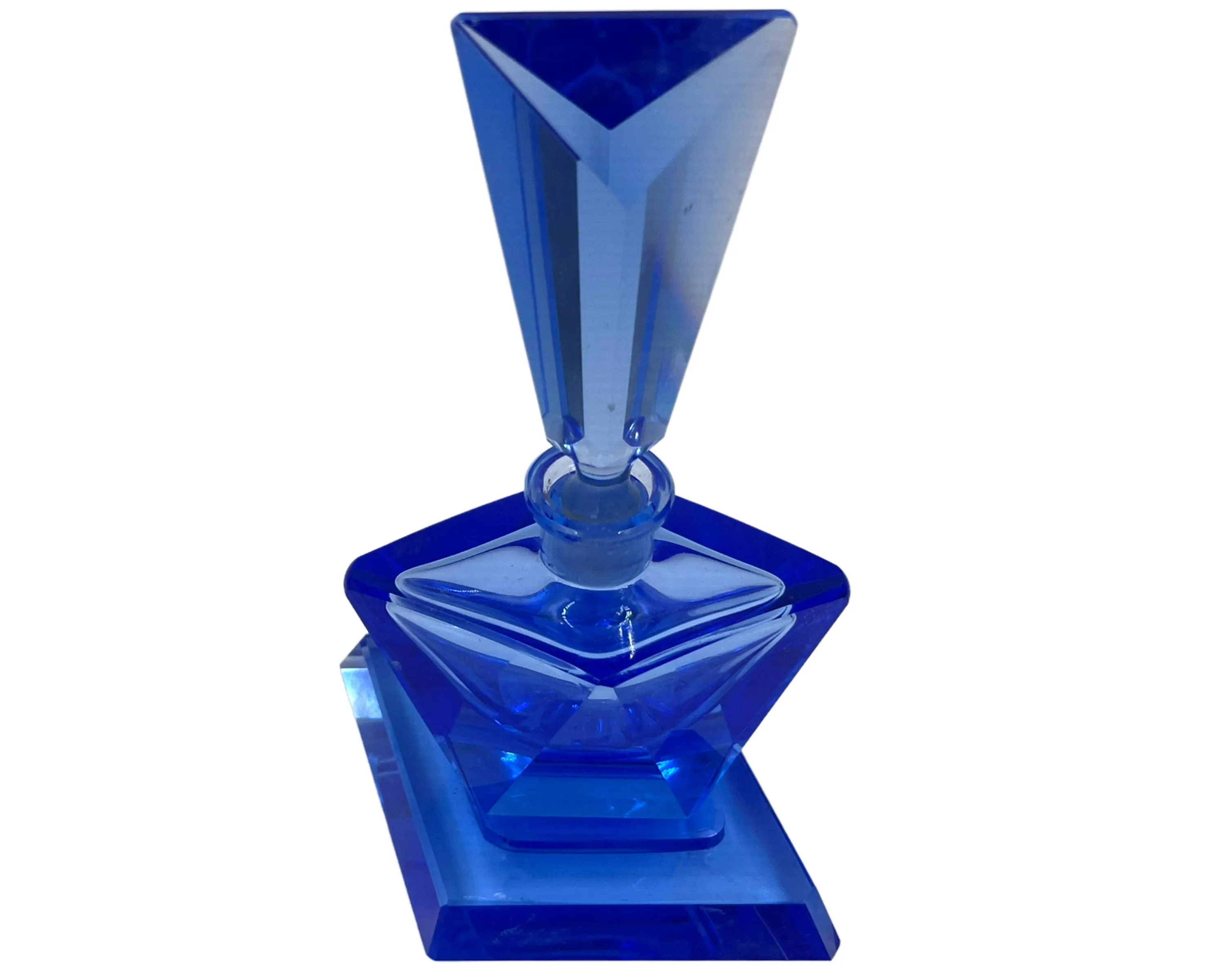 Vintage 1930s Czech Blue Crystal Glass Perfume Bottle w Base