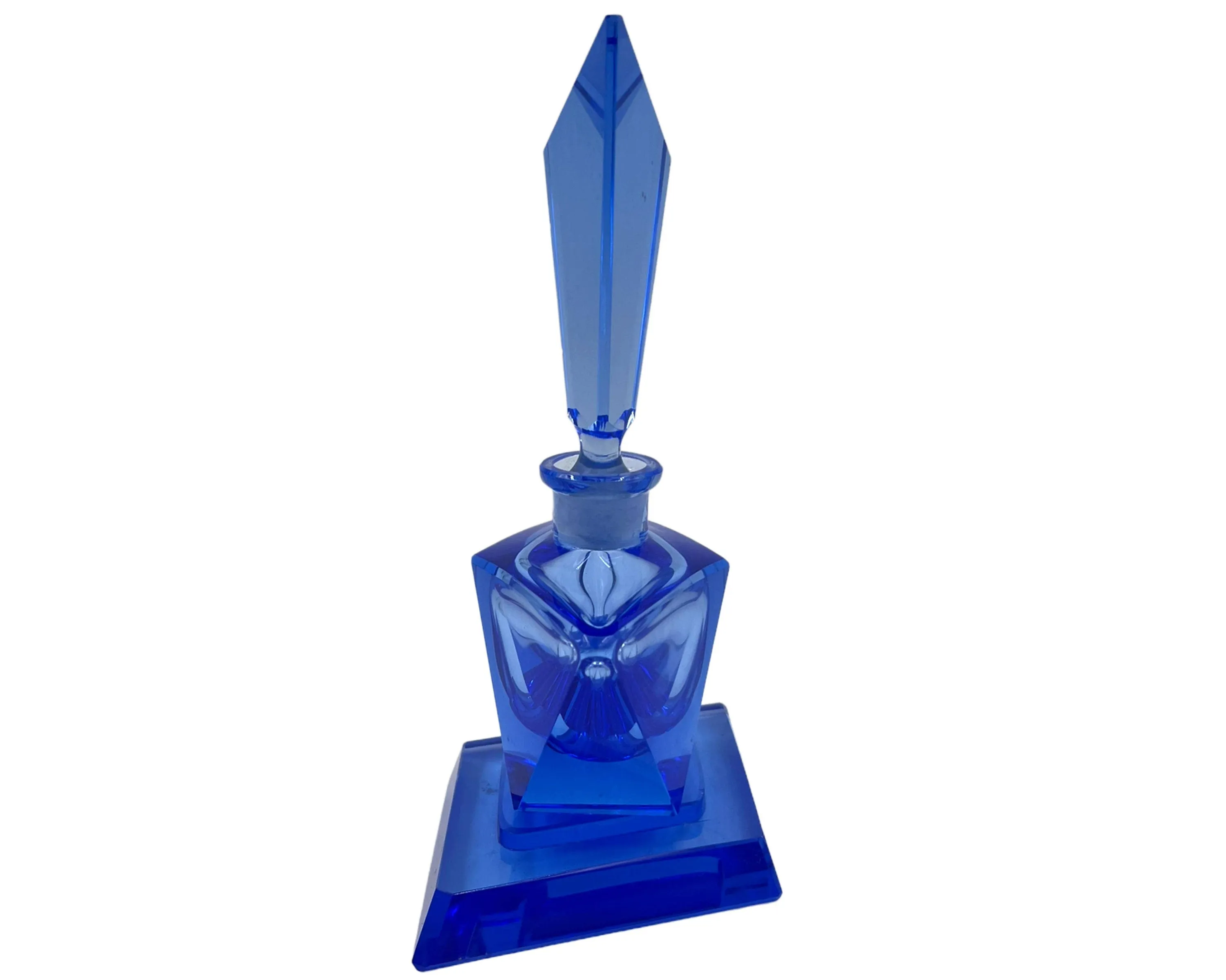 Vintage 1930s Czech Blue Crystal Glass Perfume Bottle w Base